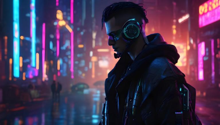 Cyberpunk,Cyberpunk, People, man, 1boy, male focus, cyberpunk, jacket, neon lights, black hair, hood