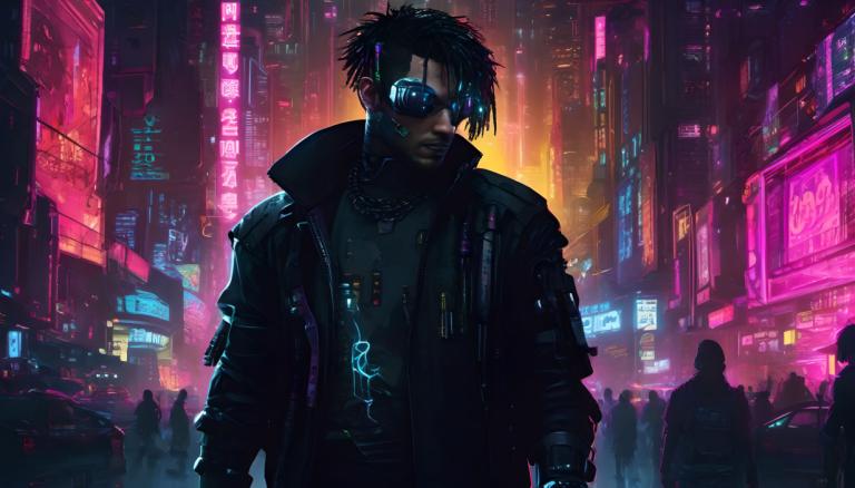 Cyberpunk,Cyberpunk, Ljudje, moški, cyberpunk, neonske luči, Črni lasje, jakna, mesto, moški fokus, ogrlica