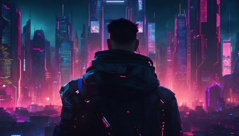 Cyberpunk,Cyberpunk, Personnes, homme, cyberpunk, 1garçon, par derrière, foyer masculin, solo, nuit, ville