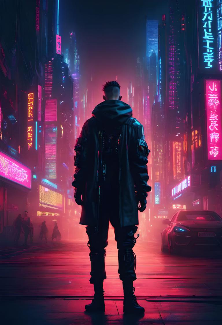 Cyberpunk,Cyberpunk, Mennesker, Mann, cyberpunk, natt, neon lys, mannlig fokus, 1 gutt, by, motorkjøretøy