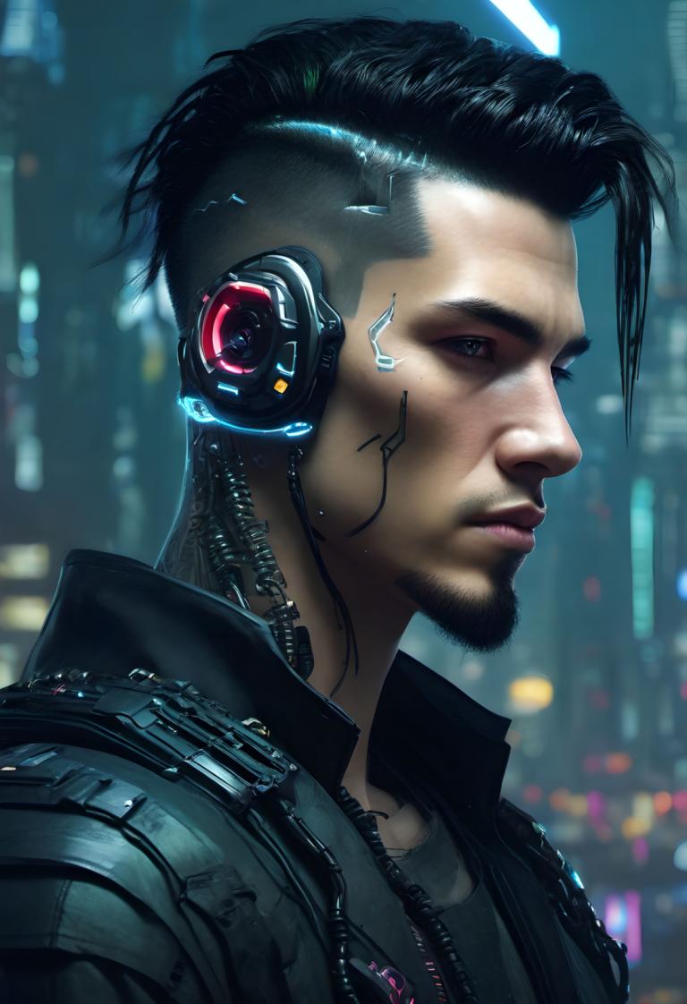 Cyberpunk,Cyberpunk, människor, man, 1 pojke, manligt fokus, solo, ansiktshår, svart hår, realistisk