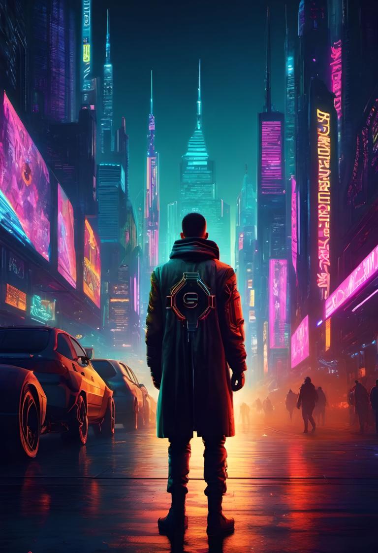 Cyberpunk,Cyberpunk, Mọi người, người đàn ông, xe cơ giới, xe hơi, xe mặt đất, cyberpunk, đèn neon, đêm