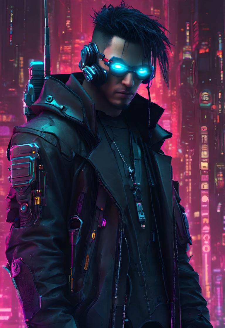 Cyberpunk,Cyberpunk, Rakyat, pria, 1 anak laki-laki, fokus pria, solo, jaket, cyberpunk, berpendar