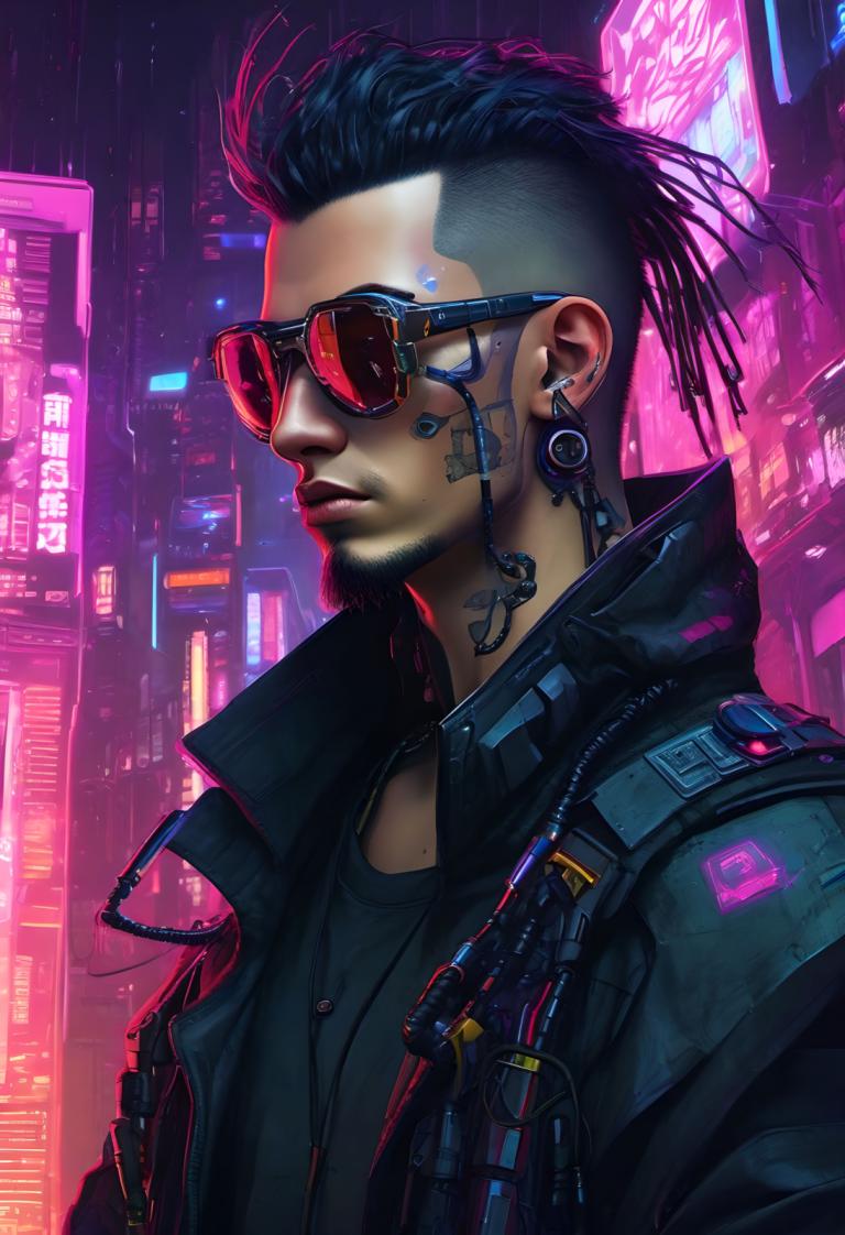 Cyberpunk,Cyberpunk, Ljudje, moški, 1 fant, cyberpunk, moški fokus, solo, jakna, obrazne dlake, Črni lasje