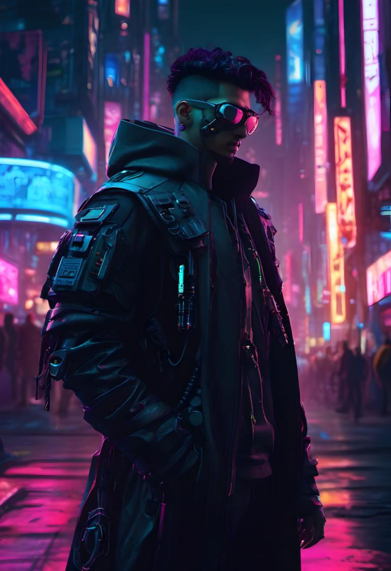 Cyberpunk,Cyberpunk, Ανθρωποι, άνδρας, 1 αγόρι, αρσενική εστίαση, κυβερνοπάνκ, Νύχτα, σακάκι, πόλη, φώτα νέον