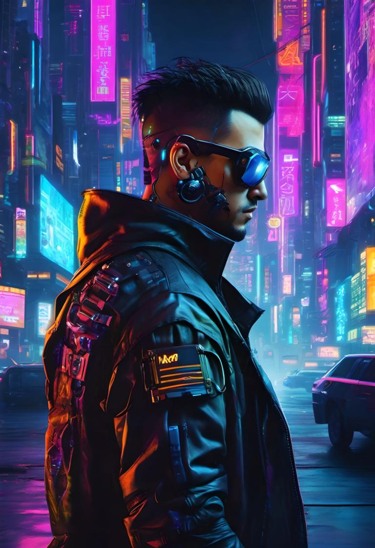 Cyberpunk,Cyberpunk, Mennesker, Mann, 1 gutt, mannlig fokus, cyberpunk, jakke, solo, natt, neon lys