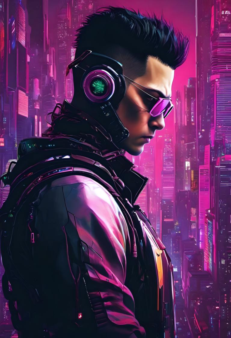 Cyberpunk,Cyberpunk, Mennesker, Mann, 1 gutt, mannlig fokus, solo, jakke, svart hår, cyberpunk, fra siden