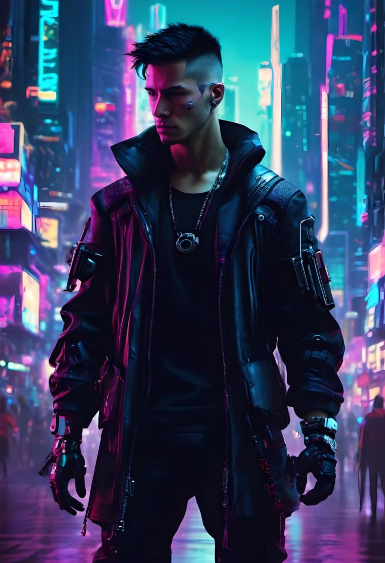 Cyberpunk,Cyberpunk, People, man, 1boy, cyberpunk, jacket, male focus, jewelry, black hair, necklace, pants