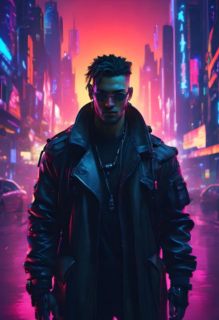 Cyberpunk,Cyberpunk, People, man, 1boy, male focus, solo, jacket, sunglasses, cyberpunk, necklace, city