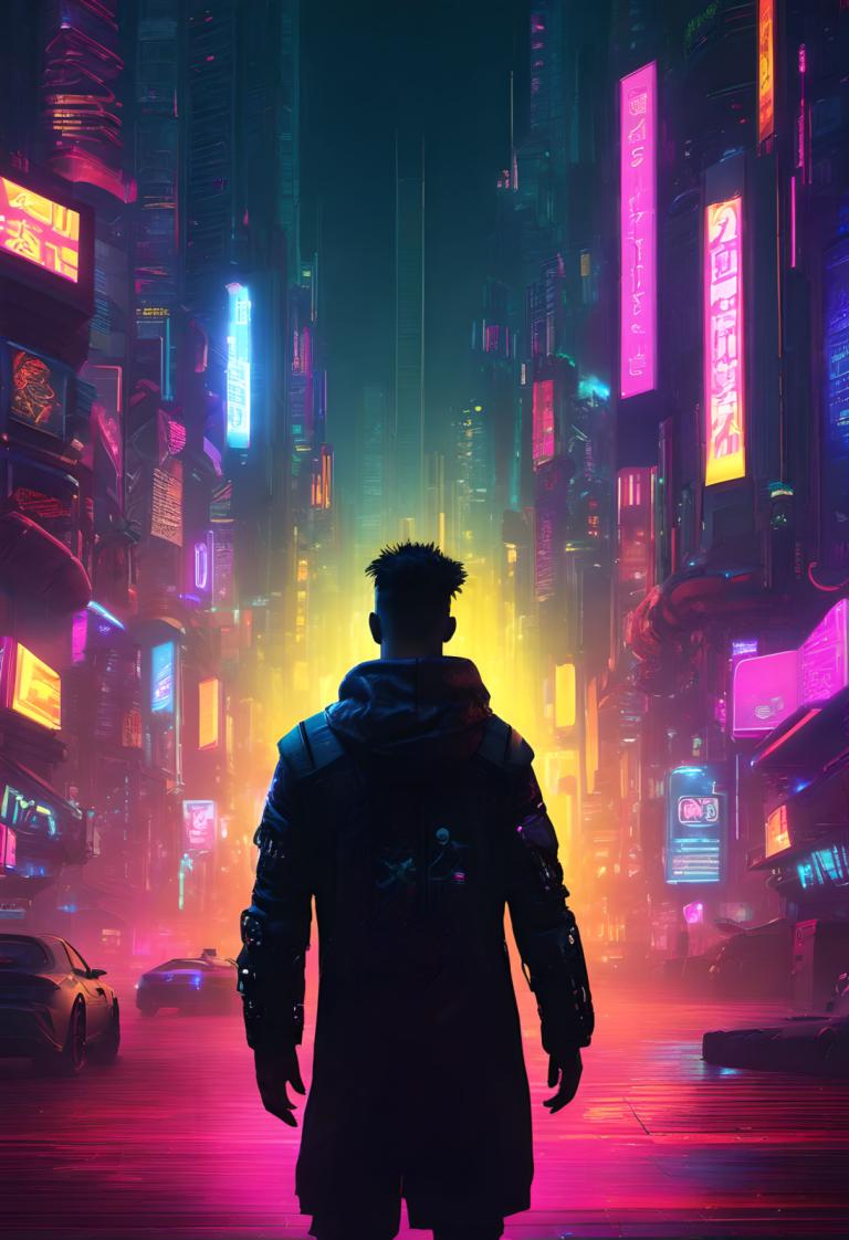 Cyberpunk,Cyberpunk, människor, man, cyberpunk, 1 pojke, neonljus, stad, manligt fokus, bakifrån, motorfordon