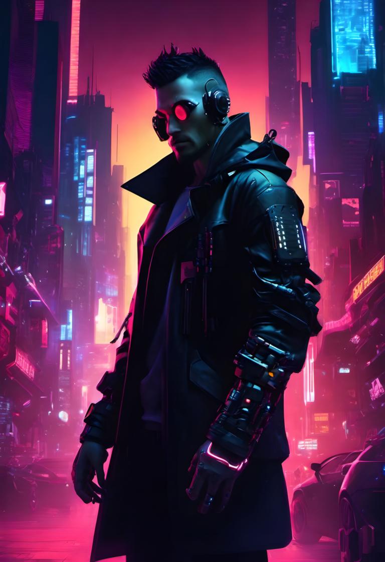 Cyberpunk,Cyberpunk, Mennesker, mand, cyberpunk, 1 dreng, mandligt fokus, jakke, solo, by, neonlys