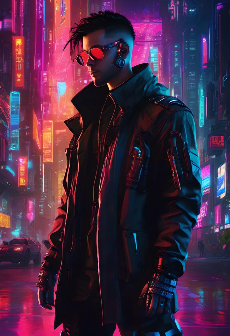 Cyberpunk,Cyberpunk, Mennesker, mand, cyberpunk, 1 dreng, mandligt fokus, neonlys, jakke, sort hår, nat, solo