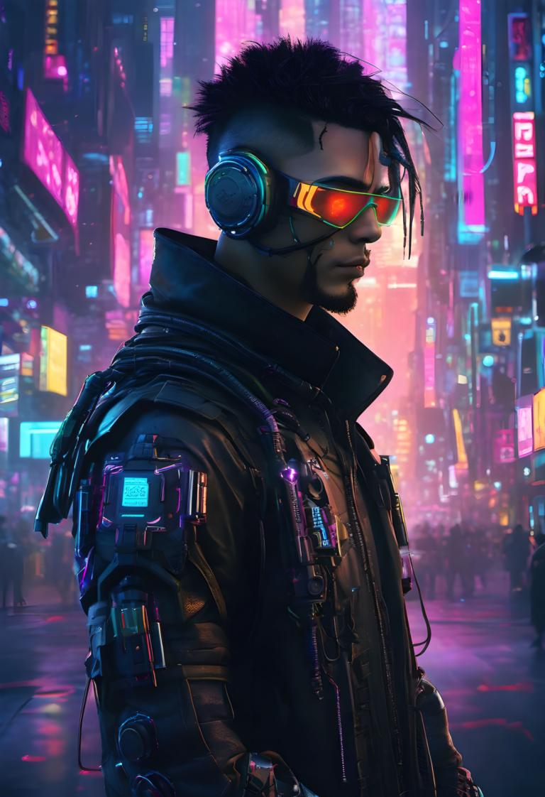 Cyberpunk,Cyberpunk, Mennesker, Mann, cyberpunk, 1 gutt, cyborg, mannlig fokus, jakke, neon lys, svart hår