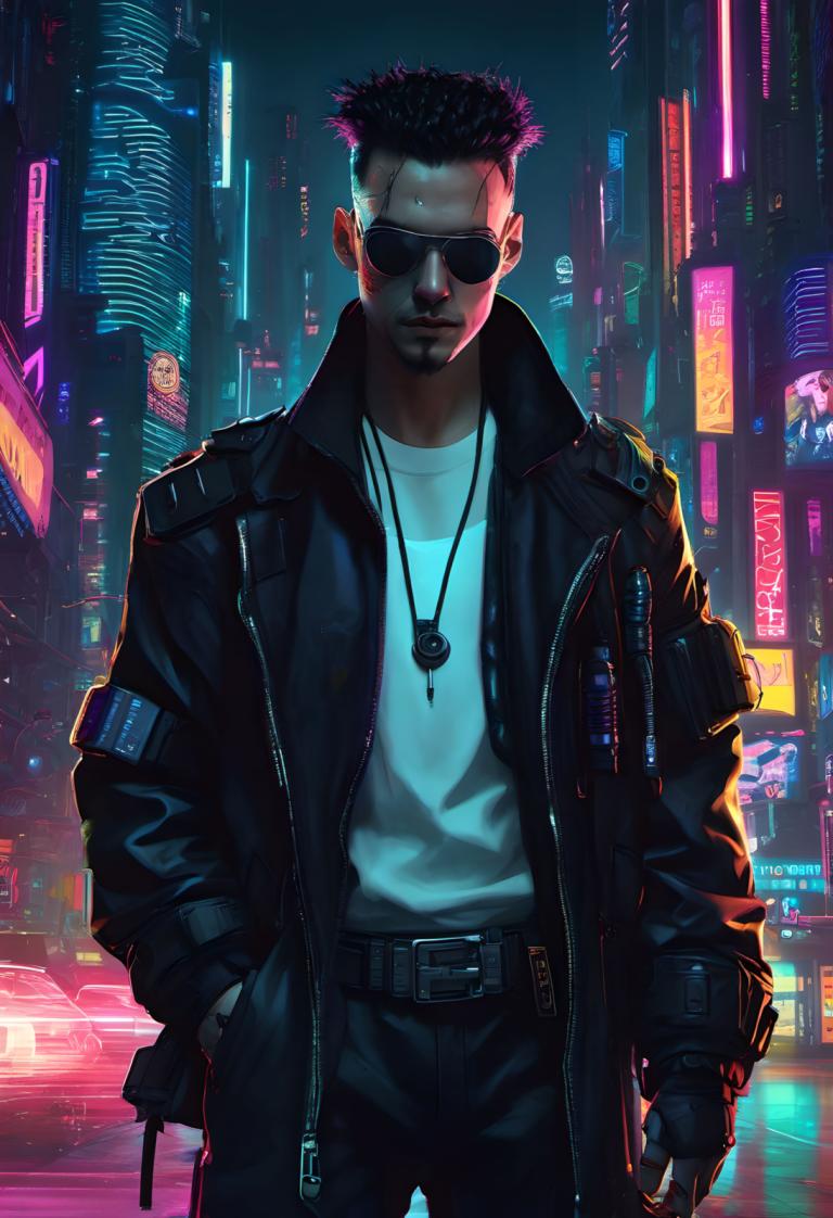 Cyberpunk,Cyberpunk, Ανθρωποι, άνδρας, 1 αγόρι, σακάκι, αρσενική εστίαση, γυαλιά ηλίου, Νύχτα, μονοφωνία