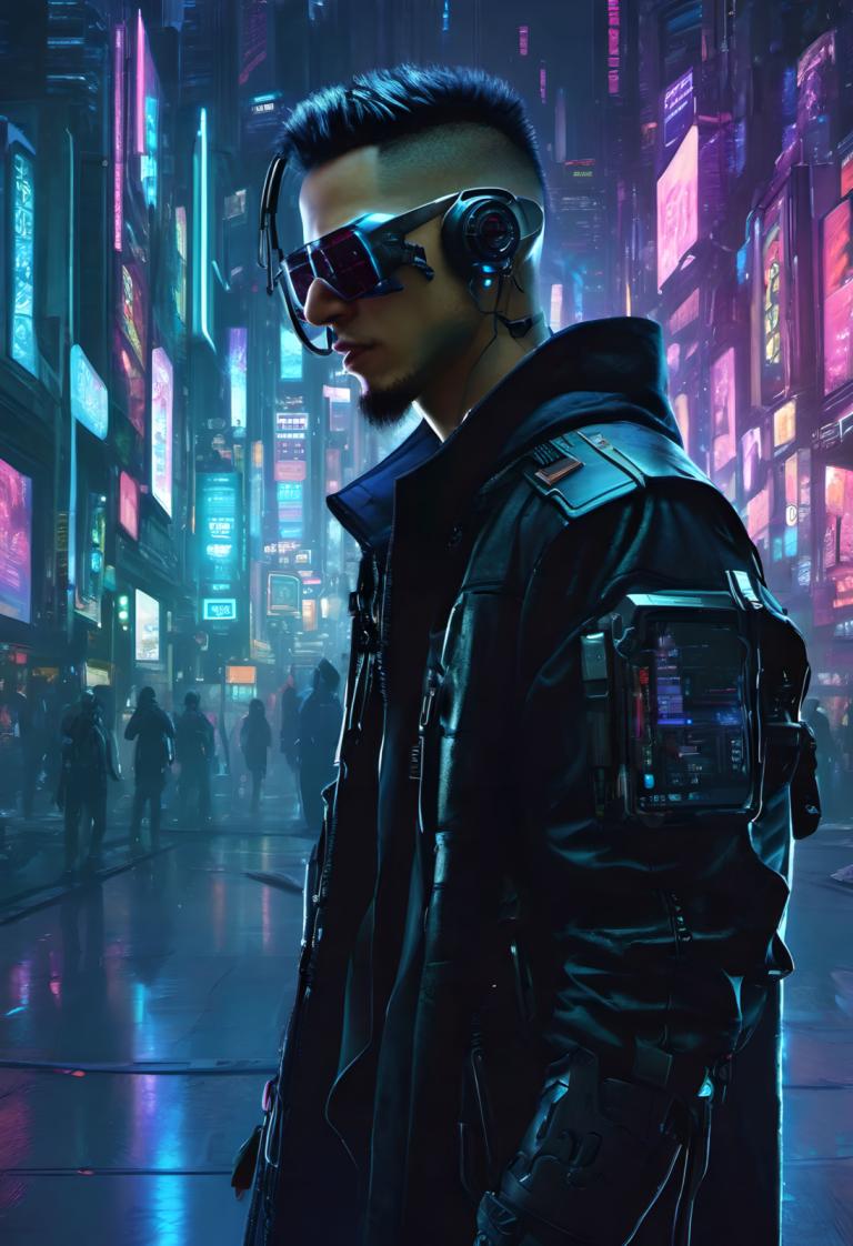 Cyberpunk,Cyberpunk, People, man, cyberpunk, male focus, 1boy, city, night, jacket, black hair, sunglasses