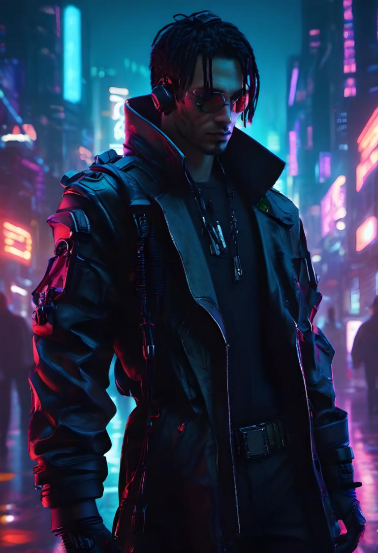 Cyberpunk,Cyberpunk, Oameni, om, 1 băiat, focalizare masculină, solo, sacou, mănuși, brunet, colier, noapte