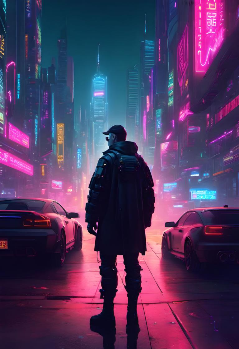 Cyberpunk,Cyberpunk, människor, man, motorfordon, bil, markfordon, cyberpunk, 1 pojke, natt, hatt, neonljus