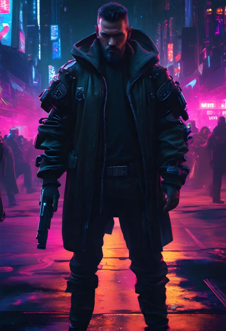 Cyberpunk,Cyberpunk, Ανθρωποι, άνδρας, κυβερνοπάνκ, 1 αγόρι, όπλο, όπλο, αρσενική εστίαση, κράτημα, Νύχτα