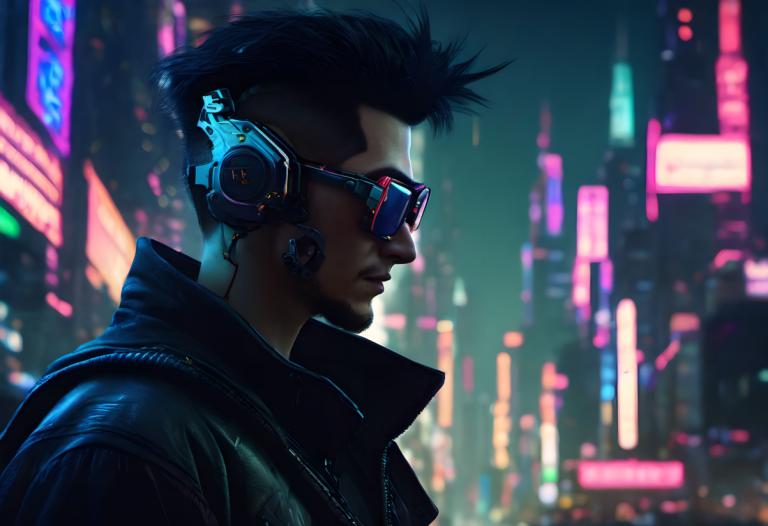 Cyberpunk,Cyberpunk, Mennesker, mand, 1 dreng, solo, mandligt fokus, cyberpunk, jakke, profil, sløret