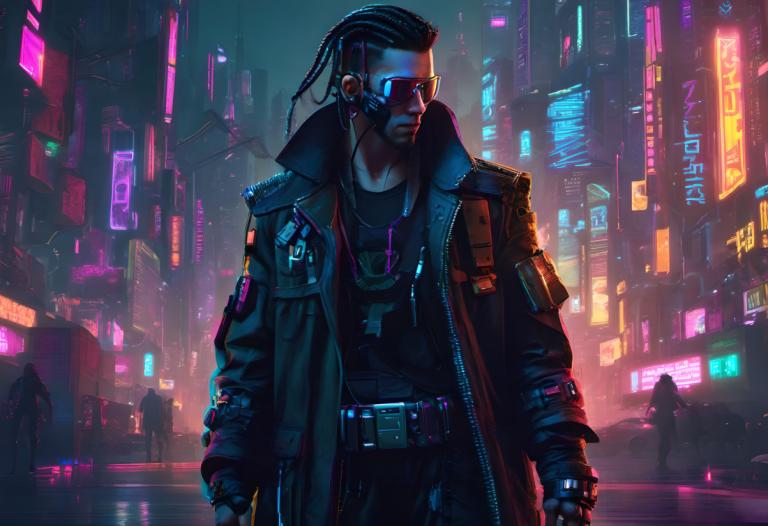 Cyberpunk,Cyberpunk, människor, man, cyberpunk, neonljus, jacka, svart hår, 1 pojke, manligt fokus, natt