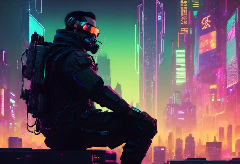 Cyberpunk,Cyberpunk, People, man, 1boy, male focus, cyberpunk, solo, sitting, city, science fiction, mask