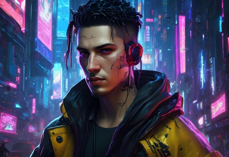 Cyberpunk,Cyberpunk, Ljudje, moški, cyberpunk, 1 fant, realističen, solo, Črni lasje, jakna, moški fokus