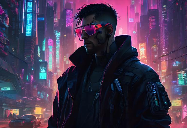 Cyberpunk,Cyberpunk, människor, man, cyberpunk, 1 pojke, manligt fokus, neonljus, jacka, svart hår, stad