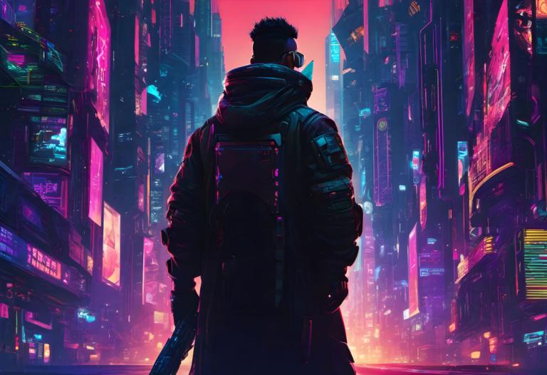 Cyberpunk,Cyberpunk, Oameni, om, 1 băiat, cyberpunk, lumini de neon, focalizare masculină, solo, din spate