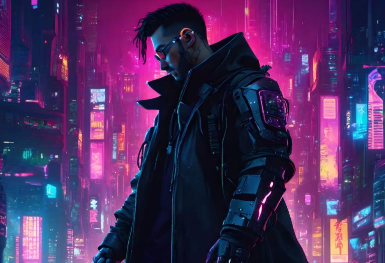 Cyberpunk,Cyberpunk, Lidé, muž, kyberpunk, 1 kluk, mužské zaměření, kyborg, sólo, neonová světla, černé vlasy