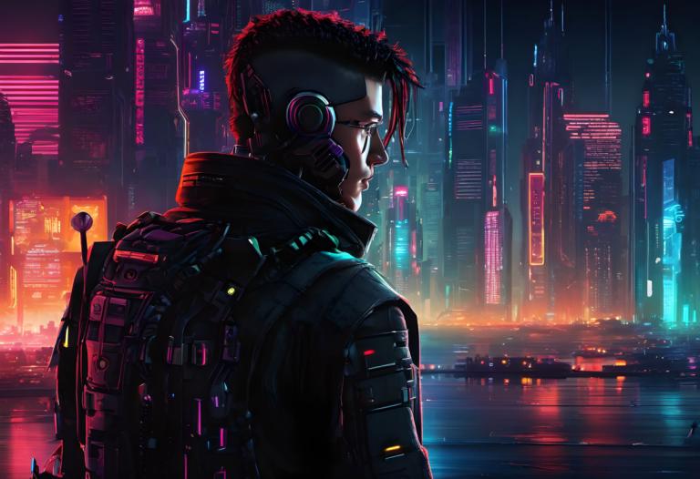 Cyberpunk,Cyberpunk, Rakyat, pria, cyberpunk, 1 anak laki-laki, solo, ransel, fokus pria, kota, dari belakang