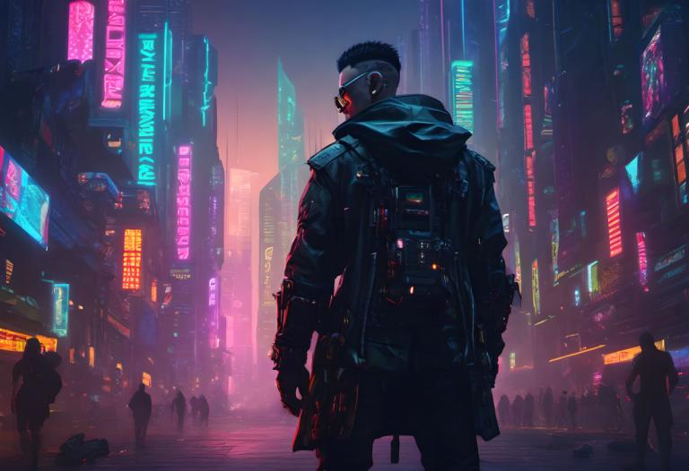 Cyberpunk,Cyberpunk, Lidé, muž, kyberpunk, neonová světla, město, sci-fi, noc, černé vlasy, zezadu, kyborg