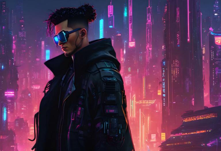 Cyberpunk,Cyberpunk, Lidé, muž, 1 kluk, kyberpunk, mužské zaměření, sólo, Bunda, černé vlasy, kyborg, noc