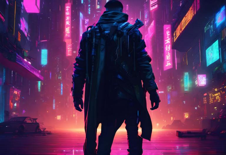 Cyberpunk,Cyberpunk, Lidé, muž, neonová světla, kyberpunk, 1 kluk, zezadu, mužské zaměření, sci-fi, město