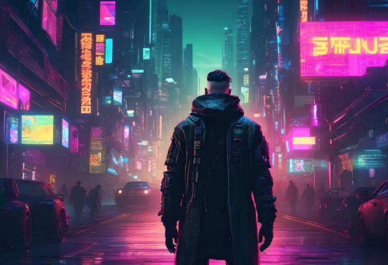 Cyberpunk,Cyberpunk, Ανθρωποι, άνδρας, κυβερνοπάνκ, φώτα νέον, πόλη, Νύχτα, επιστημονική φαντασία