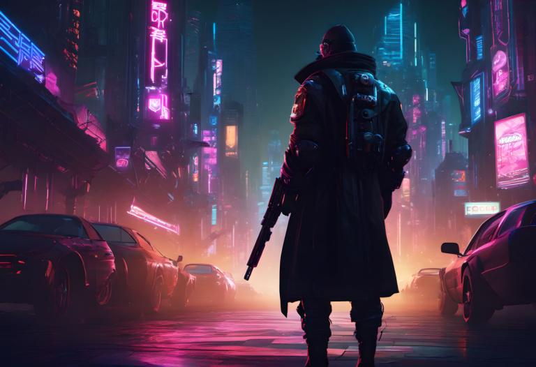 Cyberpunk,Cyberpunk, People, man, weapon, neon lights, gun, cyberpunk, motor vehicle, ground vehicle, 1boy