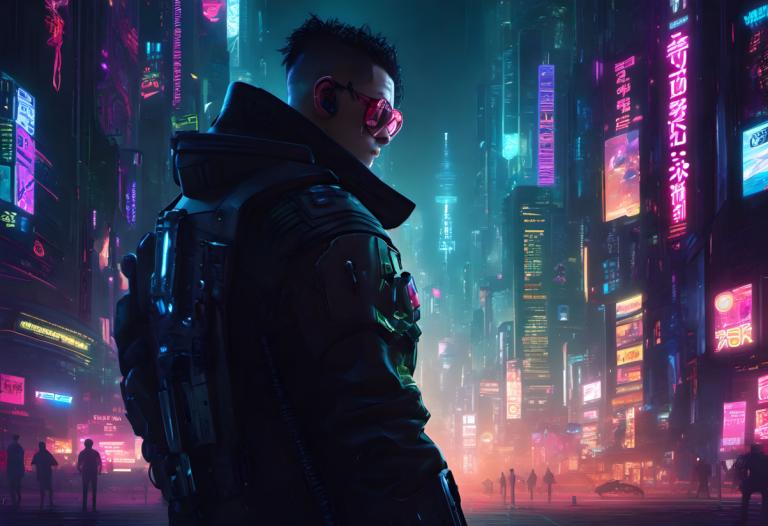 Cyberpunk,Cyberpunk, människor, man, cyberpunk, neonljus, natt, stad, manligt fokus, Science fiction, jacka