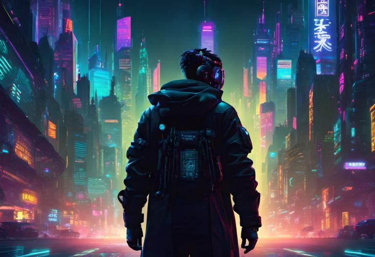 Cyberpunk,Cyberpunk, Lidé, muž, kyberpunk, 1 kluk, neonová světla, mužské zaměření, město, noc, zezadu