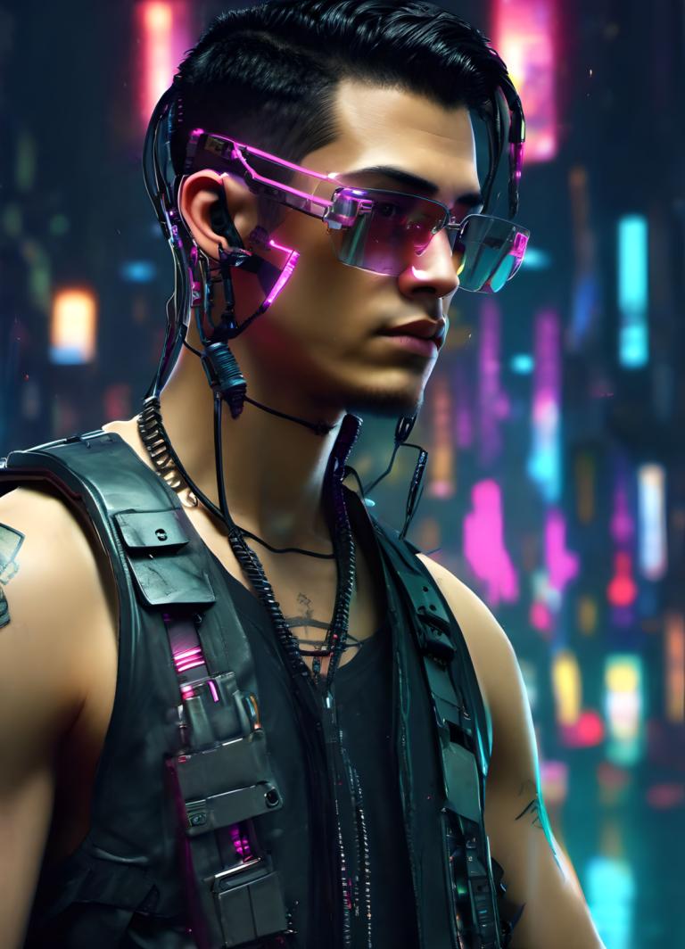 Cyberpunk,Cyberpunk, Lidé, muž, 1 kluk, mužské zaměření, sólo, černé vlasy, realistický, vesta, náhrdelník