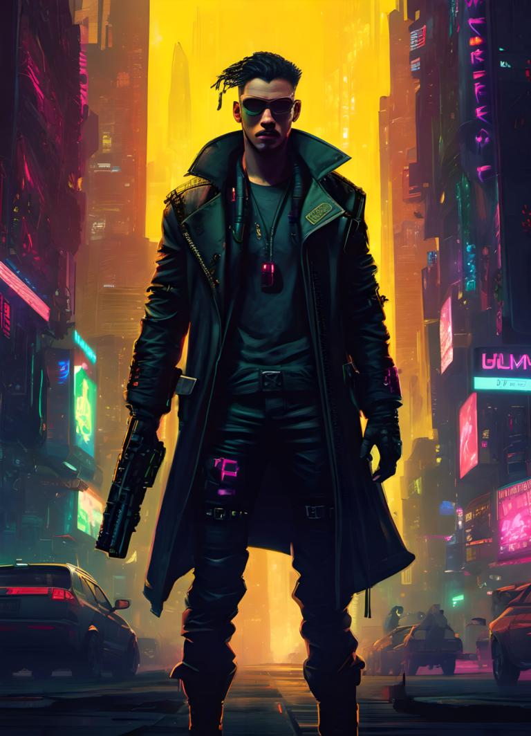 Cyberpunk,Cyberpunk, People, man, cyberpunk, 1boy, weapon, gun, holding, male focus, black hair