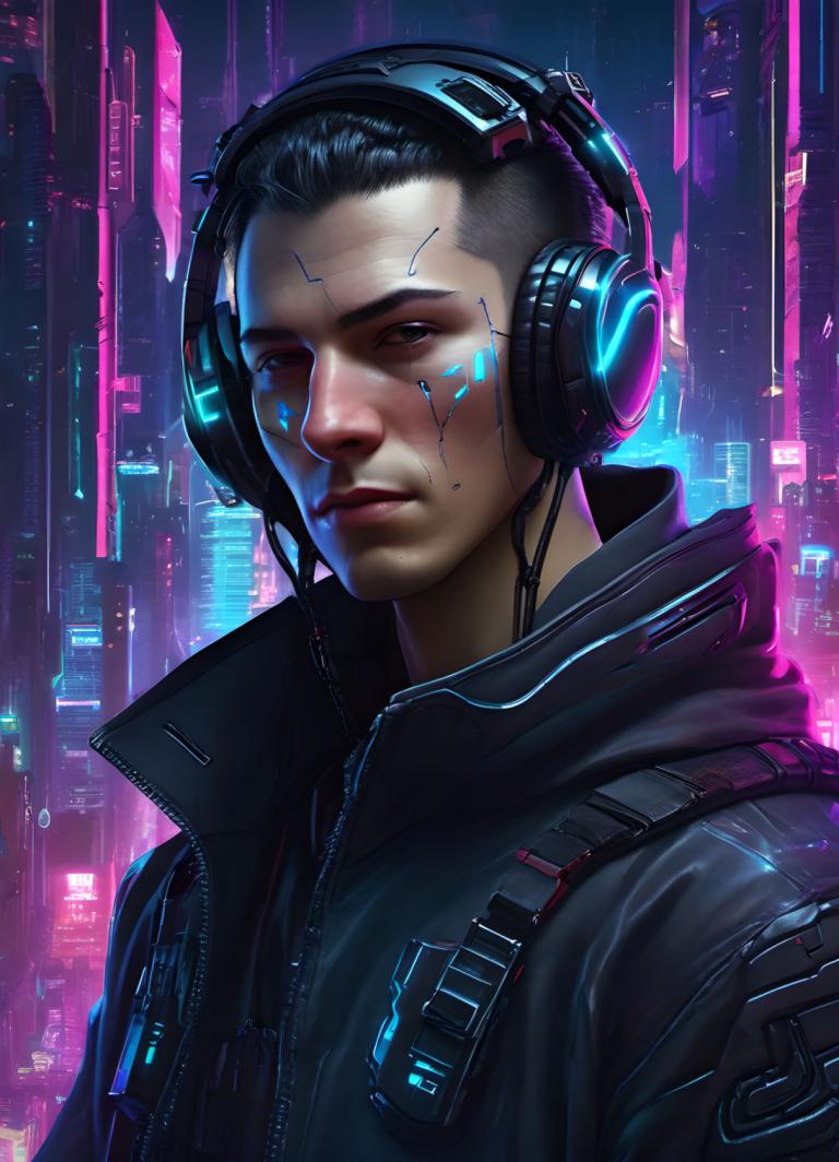 Cyberpunk,Cyberpunk, Mensen, man, 1 jongen, mannelijke focus, solo, realistisch, cyberpunk, zwart haar, jasje