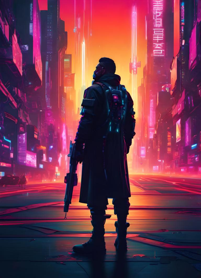 Cyberpunk,Cyberpunk, människor, man, vapen, 1 pojke, pistol, cyberpunk, solo, Science fiction, stad