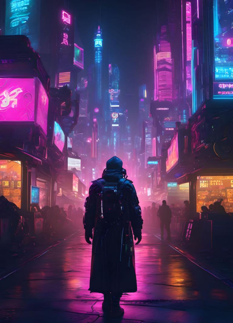 Cyberpunk,Cyberpunk, Ljudje, moški, neonske luči, cyberpunk, mesto, znanstvena fantastika, noč, od zadaj