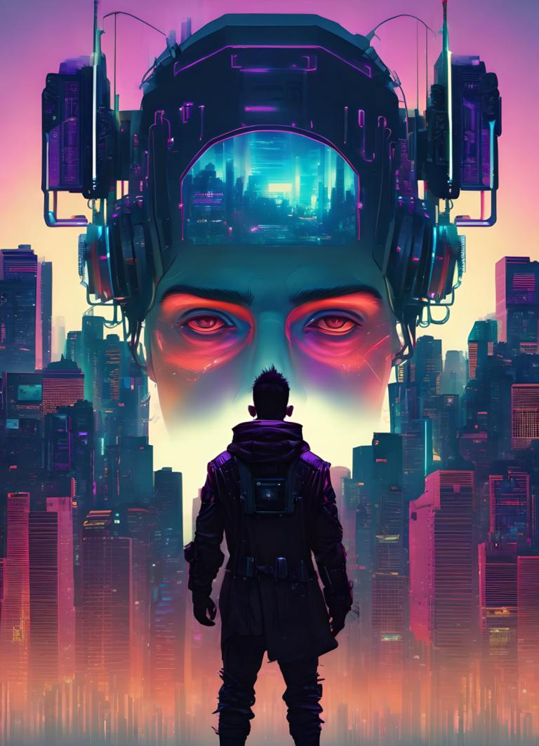 Cyberpunk,Cyberpunk, Oameni, om, cyberpunk, 1 băiat, din spate, operă științifico-fantastică, oraș