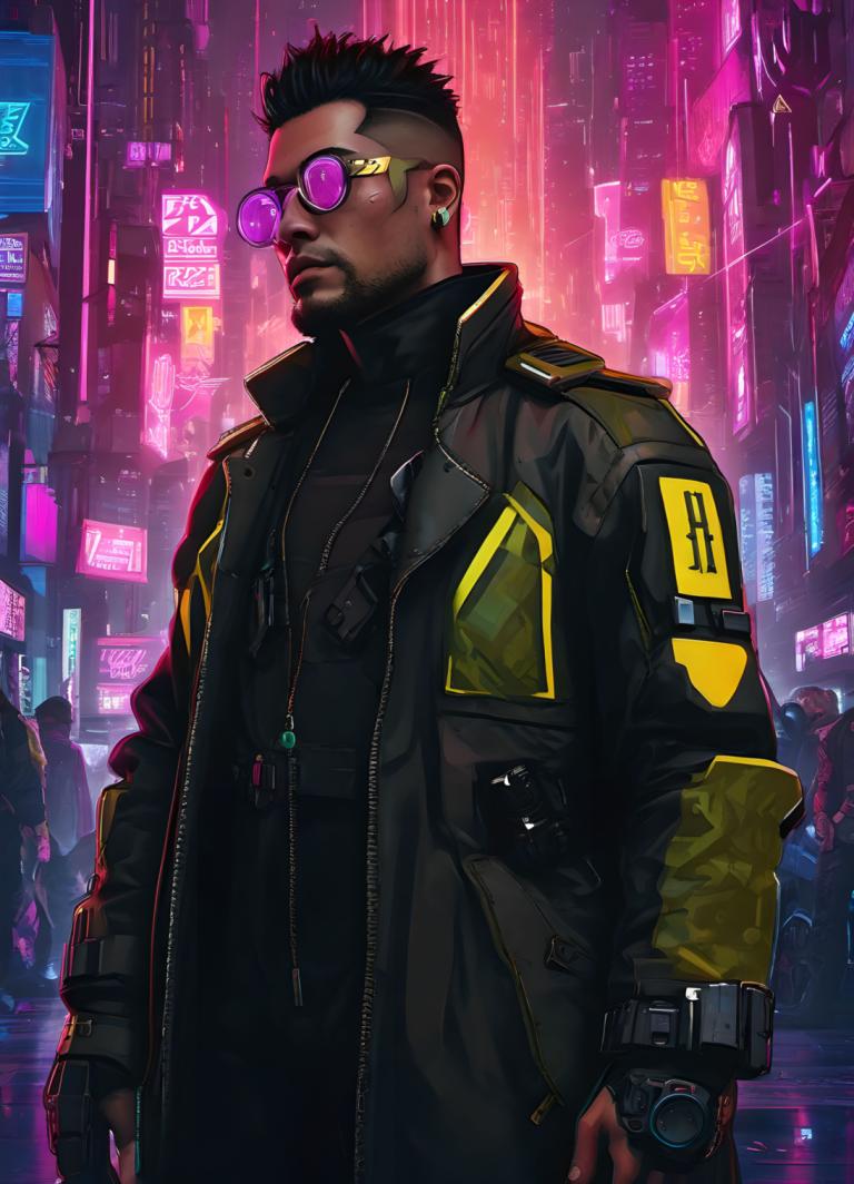 Cyberpunk,Cyberpunk, Ανθρωποι, άνδρας, κυβερνοπάνκ, τρίχες προσώπου, αρσενική εστίαση, 1 αγόρι, φώτα νέον