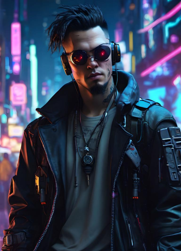 Cyberpunk,Cyberpunk, People, man, male focus, 1boy, jacket, solo, black hair, open jacket, jewelry, necklace