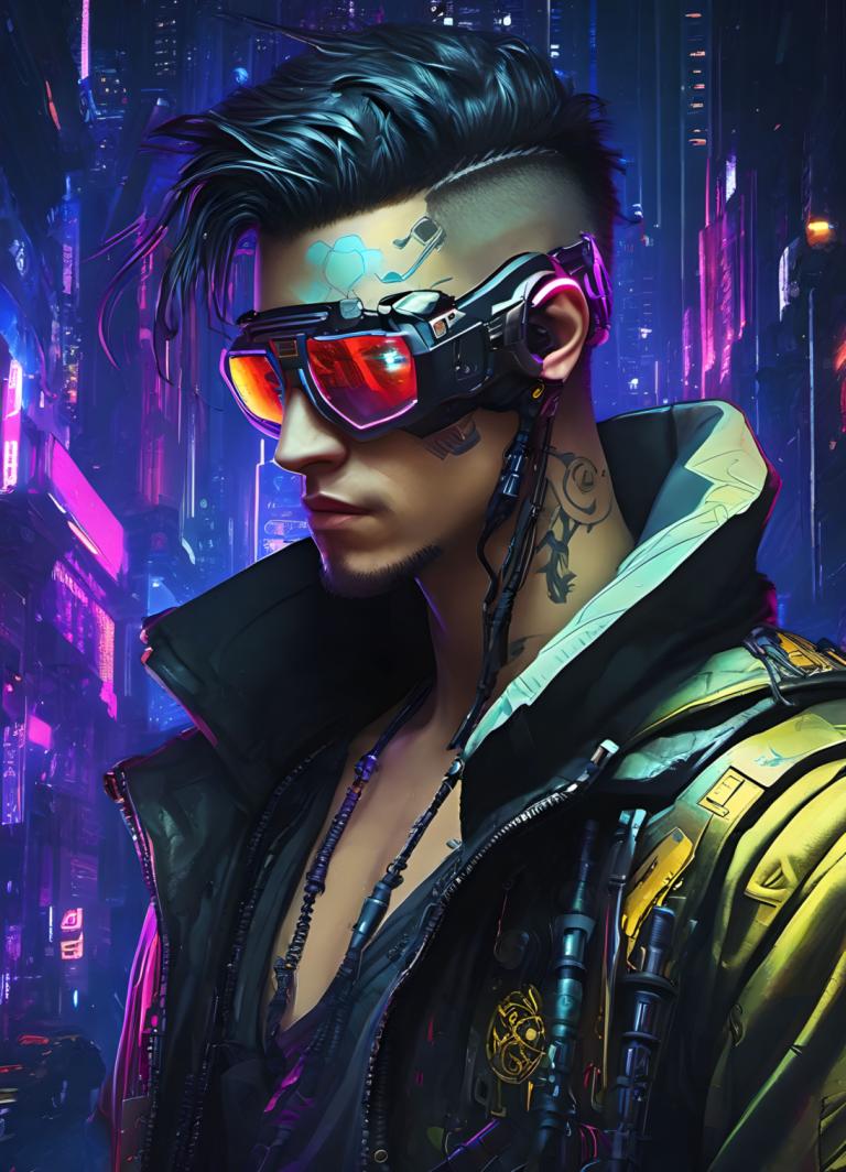 Cyberpunk,Cyberpunk, Lidé, muž, 1 kluk, mužské zaměření, sólo, kyberpunk, Bunda, šperky, tetování, náhrdelník