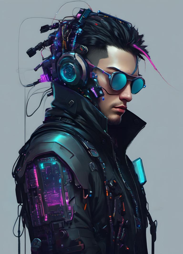 Cyberpunk,Cyberpunk, Mensen, man, 1 jongen, solo, mannelijke focus, zwart haar, veelkleurig haar, kabel