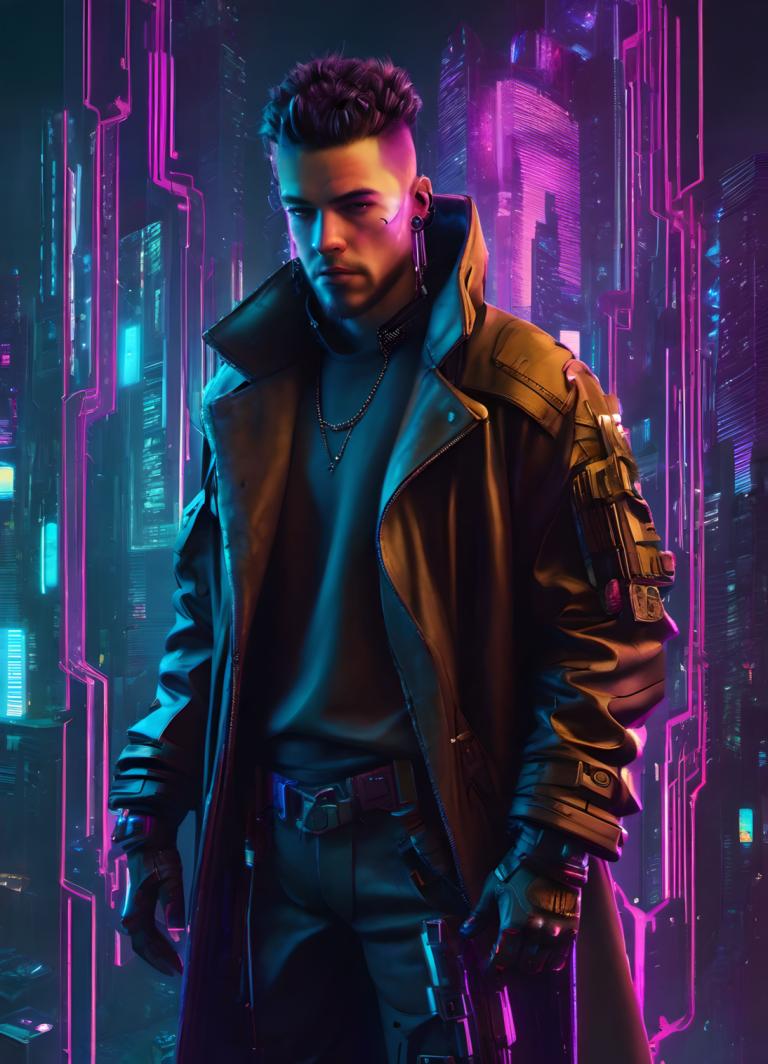 Cyberpunk,Cyberpunk, People, man, cyberpunk, 1boy, solo, male focus, weapon, jacket, gun, jewelry, pants