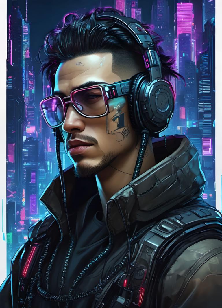 Cyberpunk,Cyberpunk, People, man, 1boy, male focus, solo, facial hair, realistic, jacket, black hair, tattoo