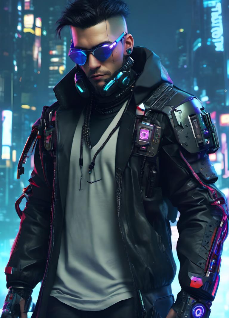 Cyberpunk,Cyberpunk, People, man, 1boy, male focus, jacket, solo, facial hair, black hair, open jacket, shirt